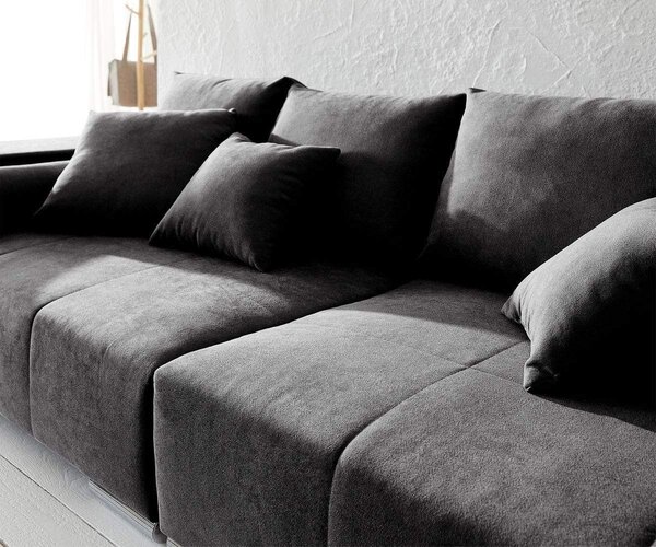 Canapea extensibilă dumonde cu ladă de depozitare si sezut confortabil din spuma high-density, Marbela Enjoy Black XXL 295x120 cm cu taburet inclus