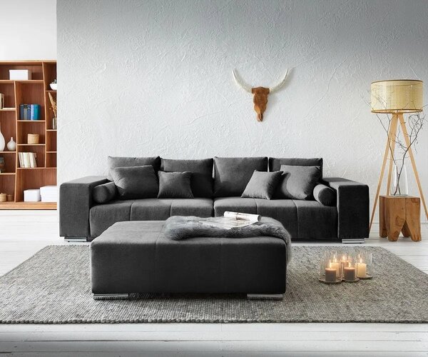 Canapea extensibilă dumonde cu ladă de depozitare si sezut confortabil din spuma high-density, Marbela Enjoy Black XXL 295x120 cm cu taburet inclus