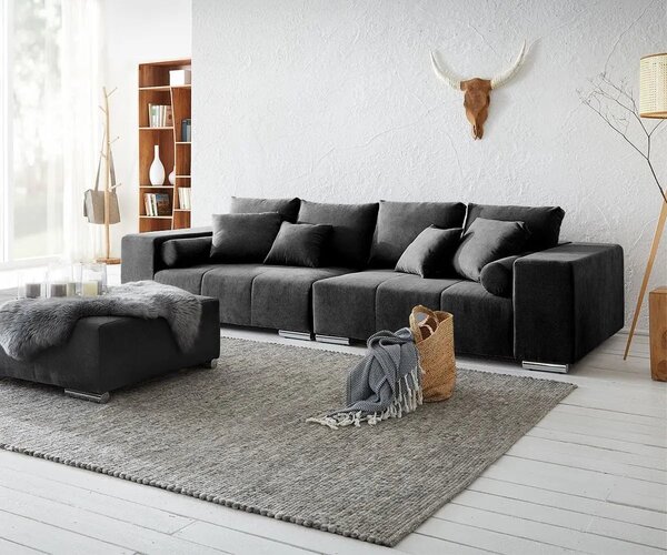Canapea extensibilă dumonde cu ladă de depozitare si sezut confortabil din spuma high-density, Marbela Enjoy Black XXL 295x120 cm cu taburet inclus
