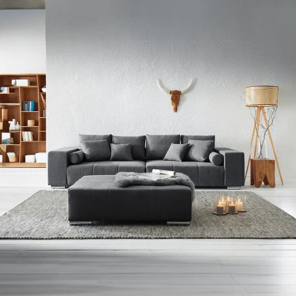 Canapea extensibilă dumonde cu ladă de depozitare si sezut confortabil din spuma high-density, Marbela Enjoy Graphite XXL 295x120 cm cu taburet inclus