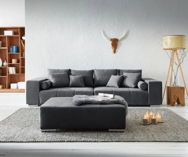 Canapea extensibilă dumonde cu ladă de depozitare si sezut confortabil din spuma high-density, Marbela Enjoy Graphite XXL 295x120 cm cu taburet inclus