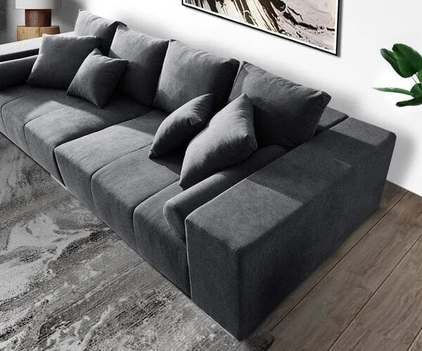 Canapea extensibilă dumonde cu ladă de depozitare si sezut confortabil din spuma high-density, Marbela Enjoy Graphite XXL 295x120 cm cu taburet inclus