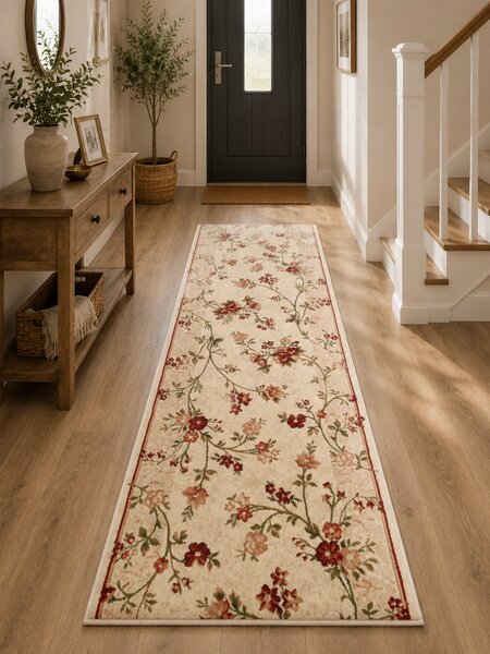 Traversa Hol, Model Floral 551 100, Latime 80 cm, Crem, Festonata la capete Crem, Dreptunghi, 80 x 300