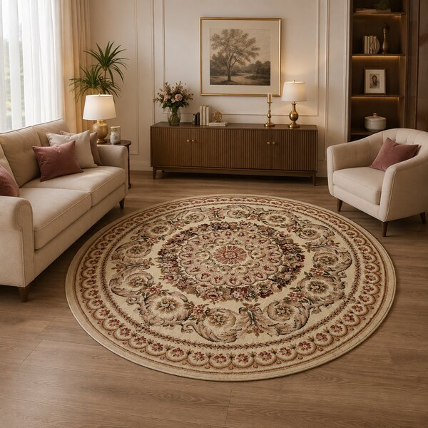 Covor Clasic Rotund, Model Lotos 539 100, Crem Bej Crem, Rotund, 100x100