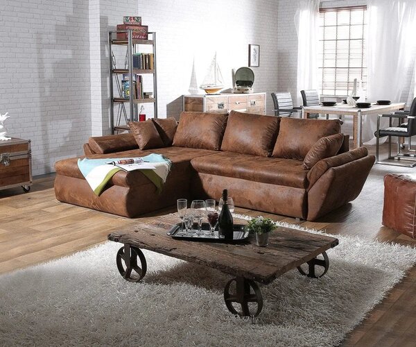 Colțar extensibil dumonde cu ladă de depozitare si sezut confortabil din spuma high-density, Loana Madagaskar Brown II 270x185 cm