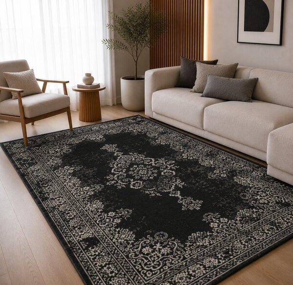 Covor Sufragerie, Model Valencia 22206-996, Covor Belgian, Negru Gri 200 x 290