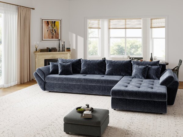 Colțar extensibil dumonde cu ladă de depozitare si sezut confortabil din spuma high-density, Loana XL Cremona Albastru II 335x185 cm