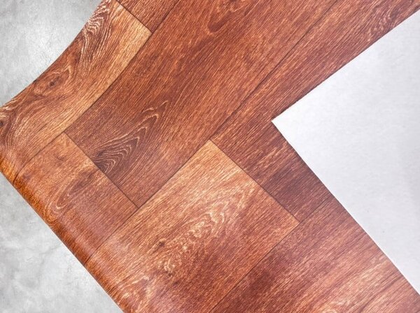 Covorul PVC linoleum Country Dark Confort, Latimi 1 m, 1.5 m, 2 m si 2,5 m, Maro inchis Imitatie parchet, Suport Pasla 1 x 4 m
