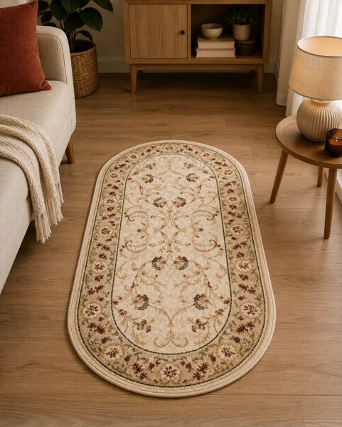 Covor Clasic Sufragerie, Model Lotos 523 100, Bej Crem, Oval Oval, 60x110