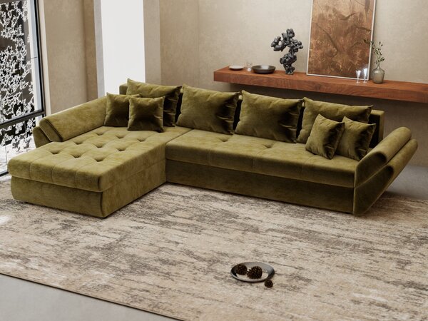 Colțar extensibil dumonde cu ladă de depozitare si sezut confortabil din spuma high-density, Loana XL Monolith Verde Olive 335x185 cm