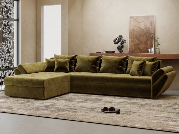 Colțar extensibil dumonde cu ladă de depozitare si sezut confortabil din spuma high-density, Loana XL Monolith Verde Olive 335x185 cm