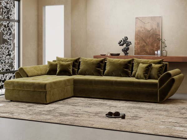 Colțar extensibil dumonde cu ladă de depozitare si sezut confortabil din spuma high-density, Loana XL Monolith Verde Olive 335x185 cm
