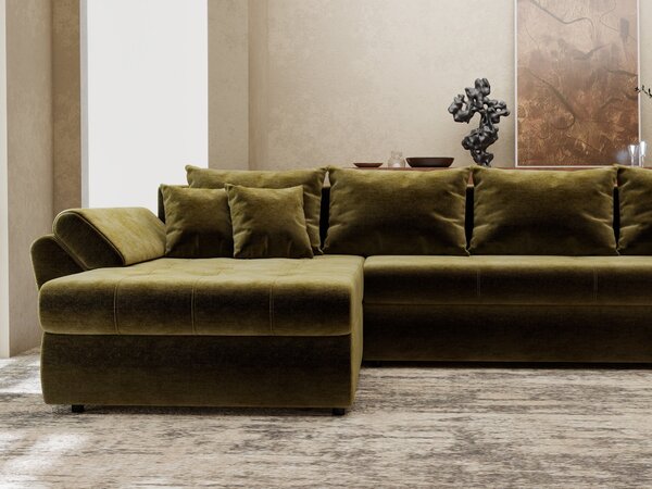 Colțar extensibil dumonde cu ladă de depozitare si sezut confortabil din spuma high-density, Loana XL Monolith Verde Olive 335x185 cm