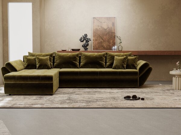 Colțar extensibil dumonde cu ladă de depozitare si sezut confortabil din spuma high-density, Loana XL Monolith Verde Olive 335x185 cm
