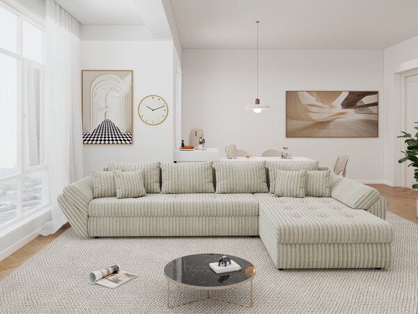 Colțar extensibil dumonde cu ladă de depozitare si sezut confortabil din spuma high-density, Loana XL Tilia Gri- Bej II 335x185 cm