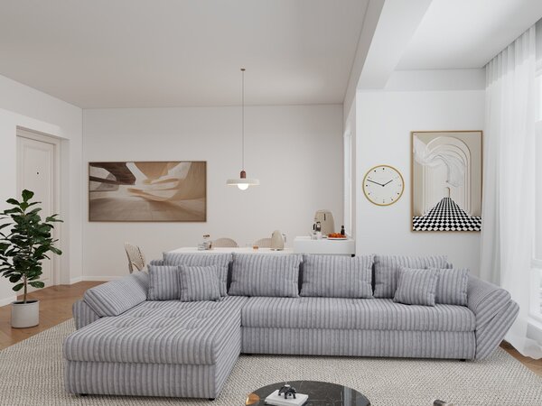 Colțar extensibil dumonde cu ladă de depozitare si sezut confortabil din spuma high-density, Loana XL Tilia Gri 86 335x185 cm