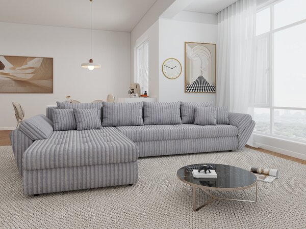 Colțar extensibil dumonde cu ladă de depozitare si sezut confortabil din spuma high-density, Loana XL Tilia Gri 86 335x185 cm