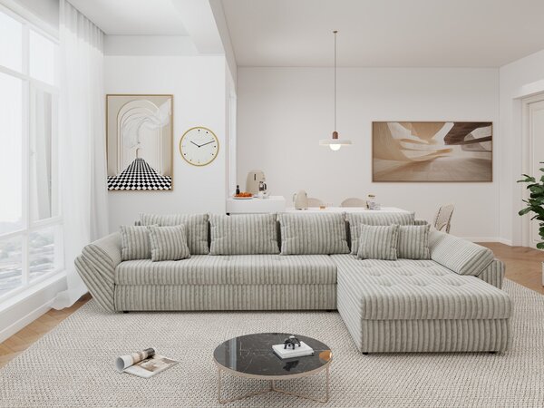 Colțar extensibil dumonde cu ladă de depozitare si sezut confortabil din spuma high-density, Loana XL Tilia Gri- Bej II 335x185 cm