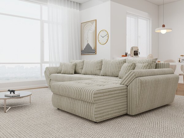 Colțar extensibil dumonde cu ladă de depozitare si sezut confortabil din spuma high-density, Loana XL Tilia Gri- Bej II 335x185 cm