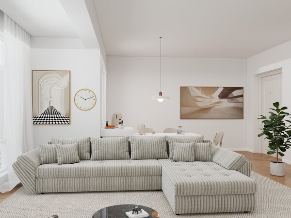 Colțar extensibil dumonde cu ladă de depozitare si sezut confortabil din spuma high-density, Loana XL Tilia Gri- Bej II 335x185 cm