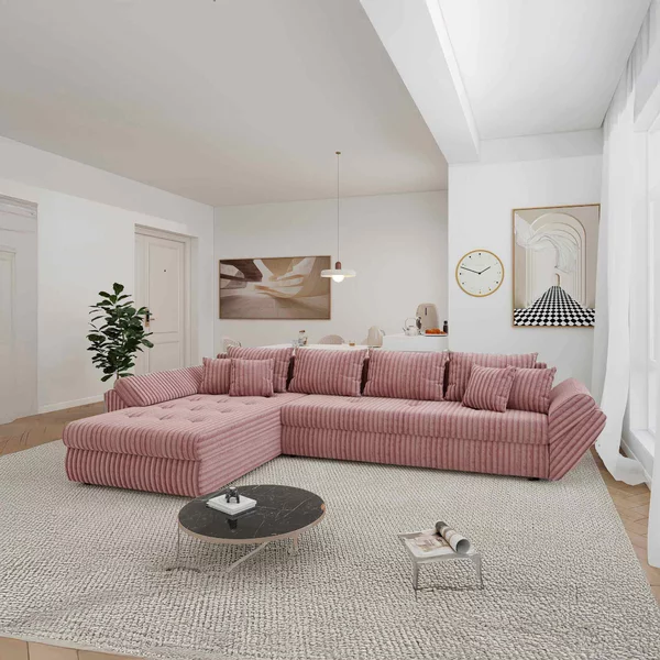 Colțar extensibil dumonde cu ladă de depozitare Loana XL Tilia Roz Pudrat 335x185 cm