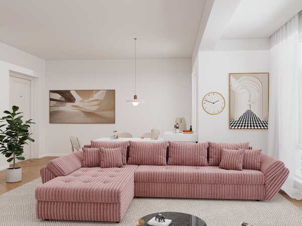 Colțar extensibil dumonde cu ladă de depozitare si sezut confortabil din spuma high-density, Loana XL Tilia Roz Pudrat 335x185 cm