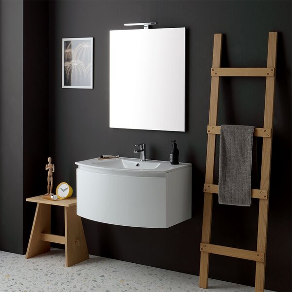 Mobilier De Baie Suspendat, Rotunjit, 62 Cm, Alb Lucios și Oglindă Dreptunghiulară | Riva
