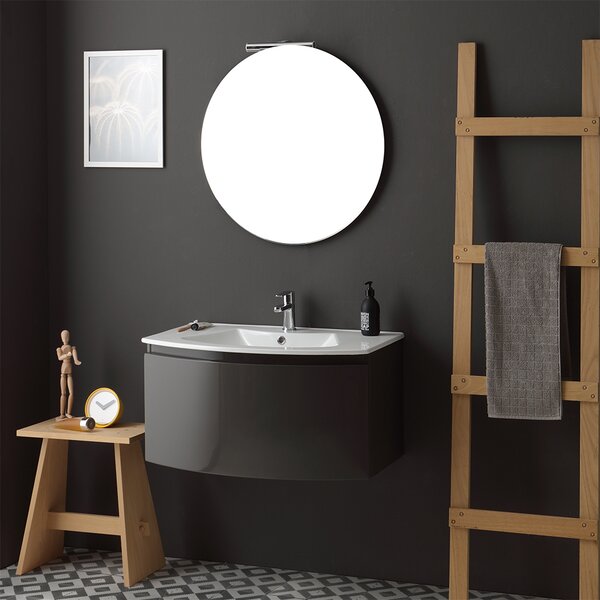 Mobilier De Baie Suspendat, Rotunjit, 62 Cm, Alb Lucios și Oglindă Dreptunghiulară | Riva