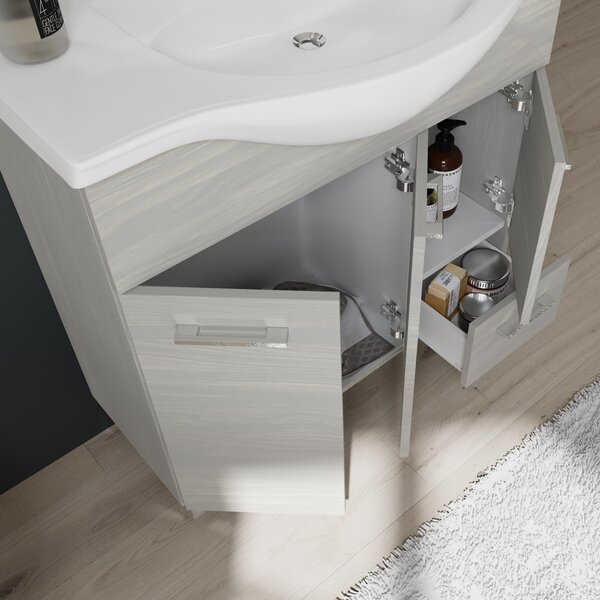 Mobilier Baie, 85 Cm, Cu Picioare, Lavoar și Dulăpior și Oglindă Cu Led, Stejar Gri Deschis | Rimini