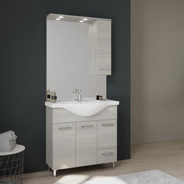 Mobilier Baie, 85 Cm, Cu Picioare, Lavoar și Dulăpior și Oglindă Cu Led, Stejar Gri Deschis | Rimini
