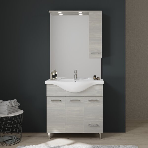 Mobilier Baie, 85 Cm, Cu Picioare, Lavoar și Dulăpior și Oglindă Cu Led, Stejar Gri Deschis | Rimini