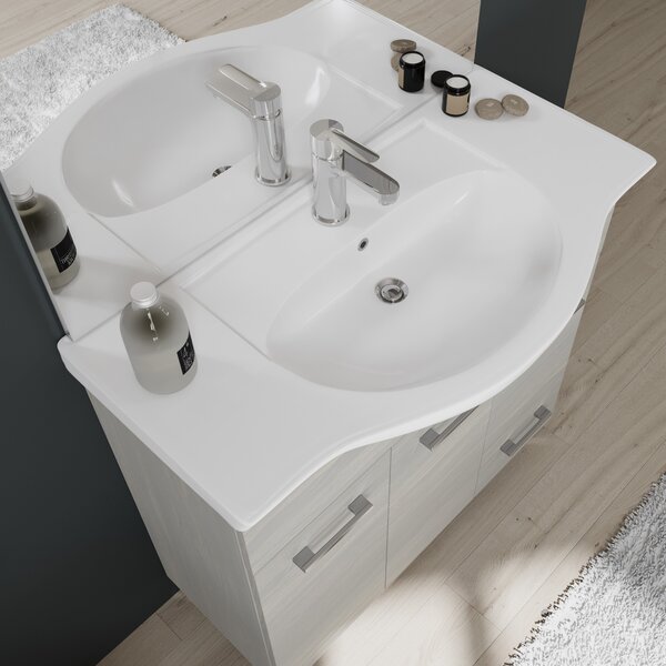 Mobilier Baie, 85 Cm, Cu Picioare, Lavoar și Dulăpior și Oglindă Cu Led, Stejar Gri Deschis | Rimini