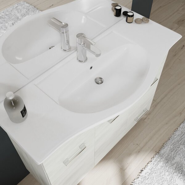 Mobilier De Baie Cu Picioare, Stejar Alb, 105 Cm și Dulăpior Cu Oglindă și Spoturi Led | Rimini