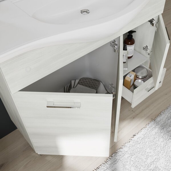 Mobilier De Baie Cu Picioare, Stejar Alb, 105 Cm și Dulăpior Cu Oglindă și Spoturi Led | Rimini