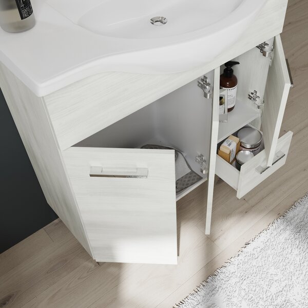 Mobilier De Baie, Cu Picioare, 85 Cm și Dulăpior Cu Oglindă Cu Led, Stejar Alb | Rimini