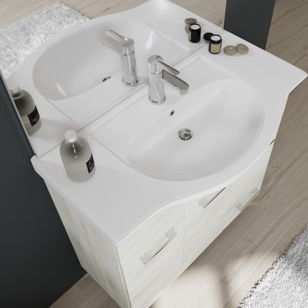 Mobilier De Baie, Cu Picioare, 85 Cm și Dulăpior Cu Oglindă Cu Led, Stejar Alb | Rimini