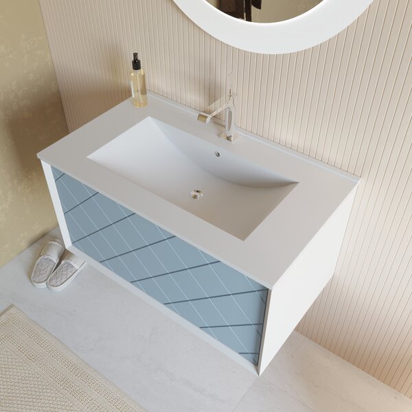 Mobilier De Baie, 80cm, Alb Cu Albastru Deschis Mat, Lavoar și Oglindă Rotundă Led | Miami
