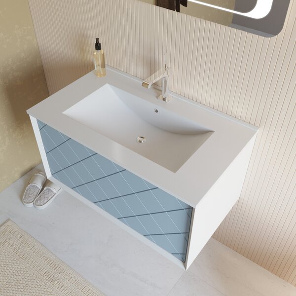 Mobilier De Baie, 80cm, Alb Cu Albastru Deschis Mat, Lavoar și Oglindă Led 80x60 | Miami