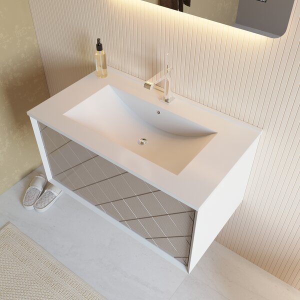 Mobilier De Baie, 80cm, Alb Cu Bej Lucios, Lavoar și Oglindă Led Touch 80x60 | Miami