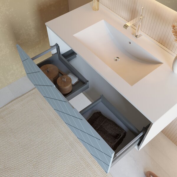 Mobilier De Baie, 100cm, Alb Cu Albastru Mat și Oglindă Led Touch | Miami