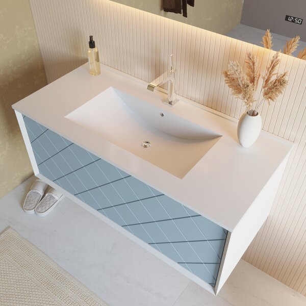 Mobilier De Baie, 100cm, Alb Cu Albastru Mat și Oglindă Led Touch | Miami