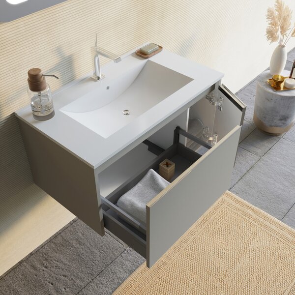 Mobilier Baie Suspendat 80cm Bej Mat Cu Oglindă Dreptunghiulară 80x60 Cu Inserții Led | Monaco