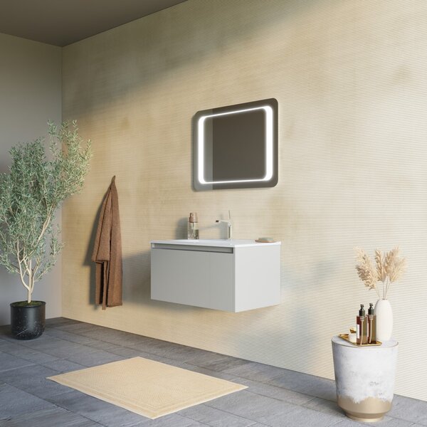 Mobilier Baie Suspendat 80cm Bej Mat Cu Oglindă Dreptunghiulară 80x60 Cu Inserții Led | Monaco