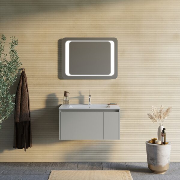 Mobilier Baie Suspendat 80cm Bej Mat Cu Oglindă Dreptunghiulară 80x60 Cu Inserții Led | Monaco