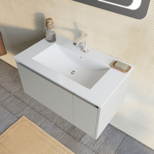 Mobilier Baie Suspendat 80cm Bej Mat Cu Oglindă Dreptunghiulară 80x60 Cu Inserții Led | Monaco
