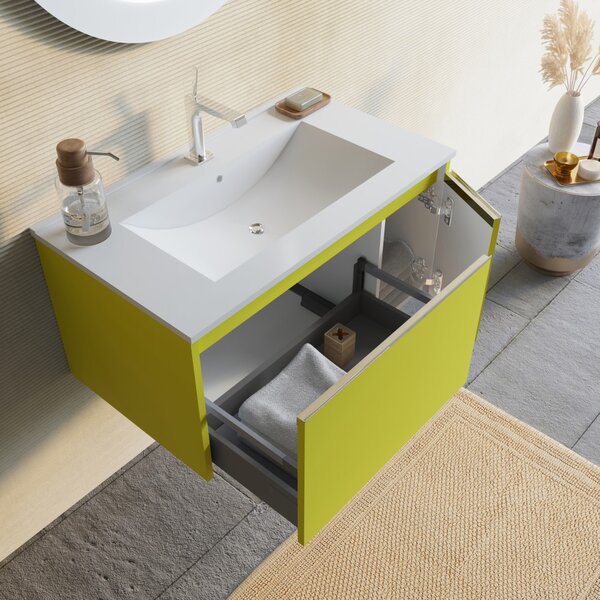 Mobilier Baie Suspendat, 80cm, Verde Olive Mat Cu Oglindă Rotundă | Monaco