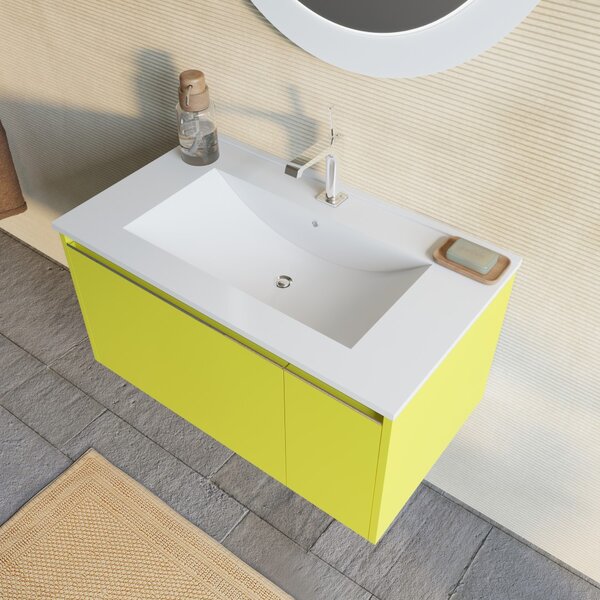 Mobilier Baie Suspendat, 80cm, Verde Olive Mat Cu Oglindă Rotundă | Monaco
