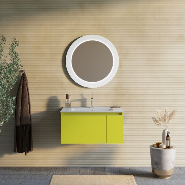 Mobilier Baie Suspendat, 80cm, Verde Olive Mat Cu Oglindă Rotundă | Monaco