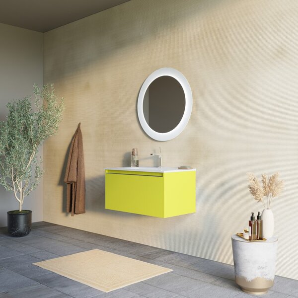 Mobilier Baie Suspendat, 80cm, Verde Olive Mat Cu Oglindă Rotundă | Monaco