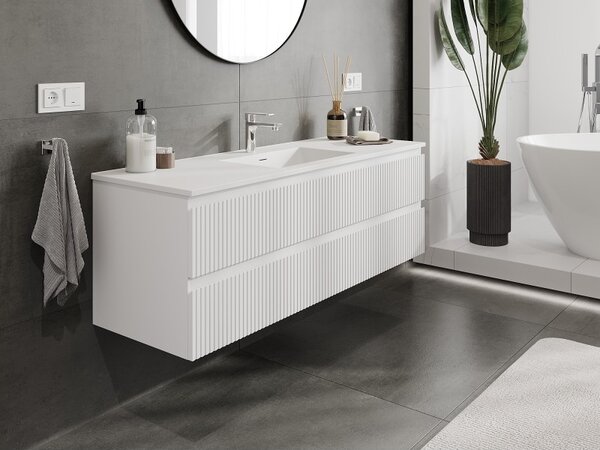 Mexen Rivel, mobilier de baie 140 cm cu lavoar Otis, 2 sertare, canelat, alb mat, 91A20-14047-2-BFF01-W18M01
